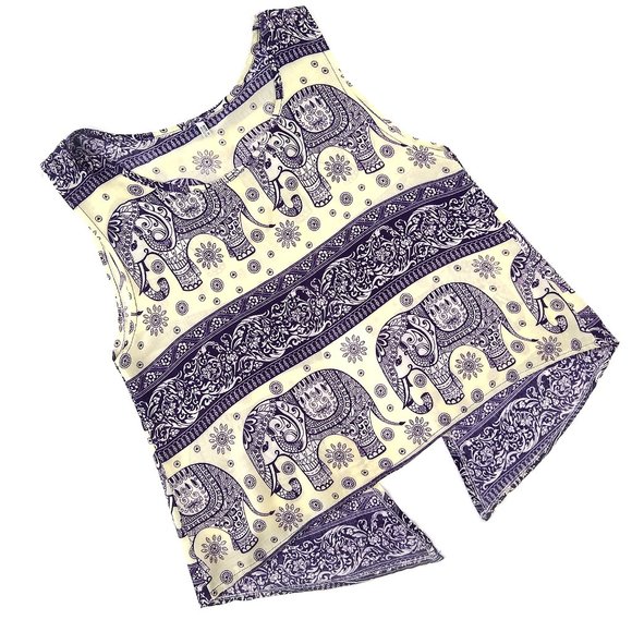 Elephant Boho Cropped Tank Top Purple Yellow Thailand Open Back M 100% Cotton - Picture 1 of 10